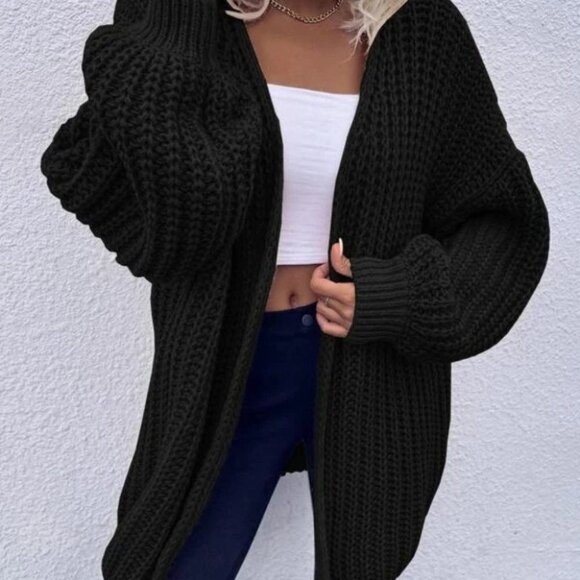 black Chunky Knit Open front comfy cozy sweater Cardigan - Picture 7 of 10